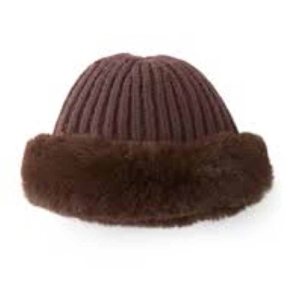 Anthropologie New One Size Brown Ribbed Knit Hat with Faux Fur Trim